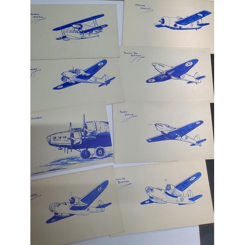 168 - Important period collection of 40+ pen and ink plane sketches, executed on the back of blank postcar... 