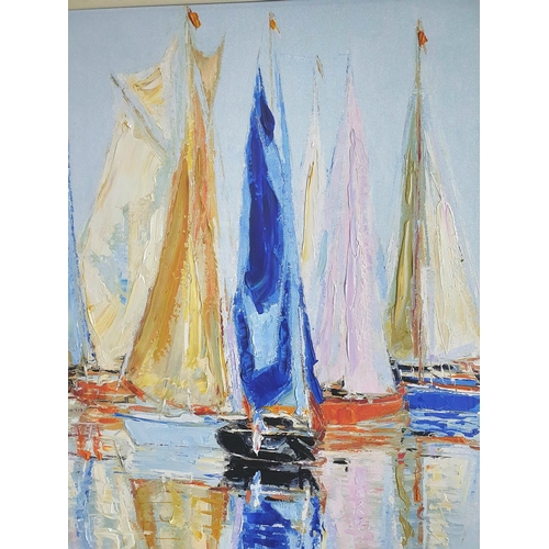 170 - Large indistinctly signed limited print on canvas depicting sailing boats on a calm sea in fine qual... 