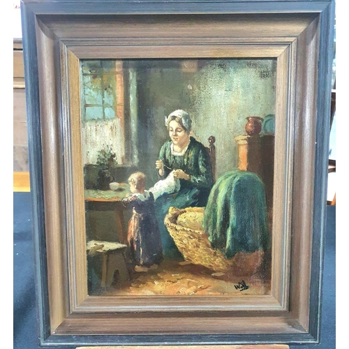 173 - Antique oil on canvas interior scene with mother and child, modern wood frame,

The oil measures 31 ... 