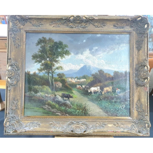 174 - Antique Italian oil on canvas landscape, indistinctly signed in ornate frame,

The oil measures 39 x... 