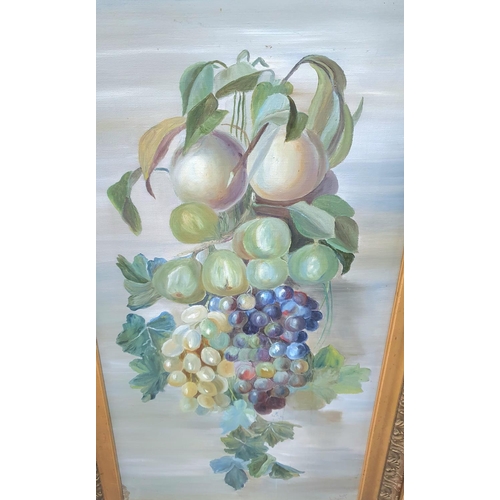 138 - Pair of antique French oil on canvas, still life paintings of hanging fruit, signed A BiVort in matc... 