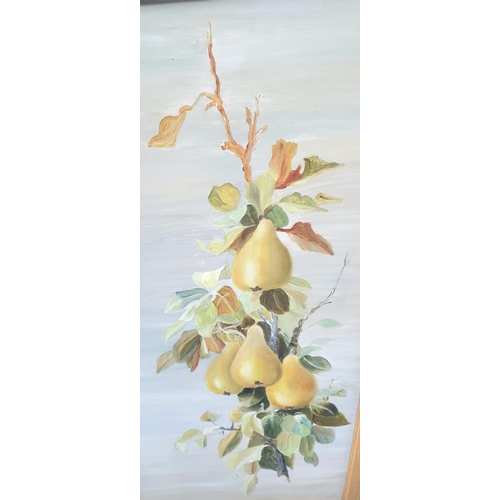 138 - Pair of antique French oil on canvas, still life paintings of hanging fruit, signed A BiVort in matc... 