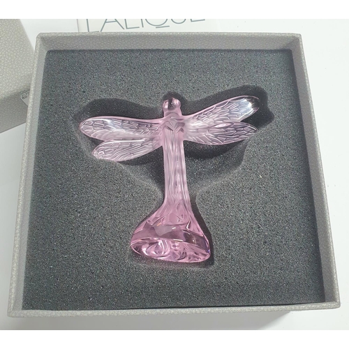 99 - Lalique 2005 pink glass Dragonfly figurine, boxed and with papers,

8 cm tall