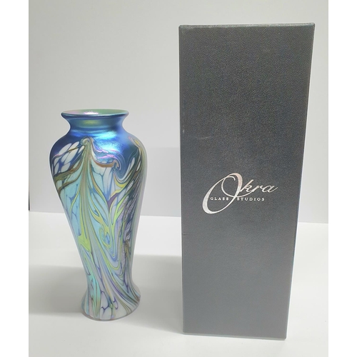 101 - Boxed, as new, 2003 Okra iridescent Art Nouveau glass vase entitled 