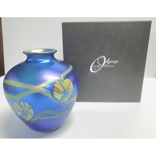 102 - Boxed, as new, Okra iridescent Art Nouveau squat glass vase,

14cm tall