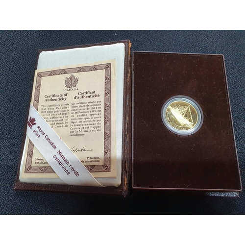 58 - Royal Canada mint 1991 14ct gold proof C$100 coin in presentation case,

13.338 grams