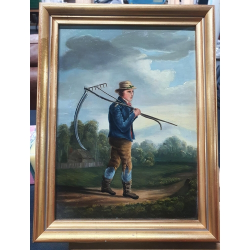 139 - Indistinctly signed, small 19thC oil on board painting depicting a country gentleman carrying a scyt... 