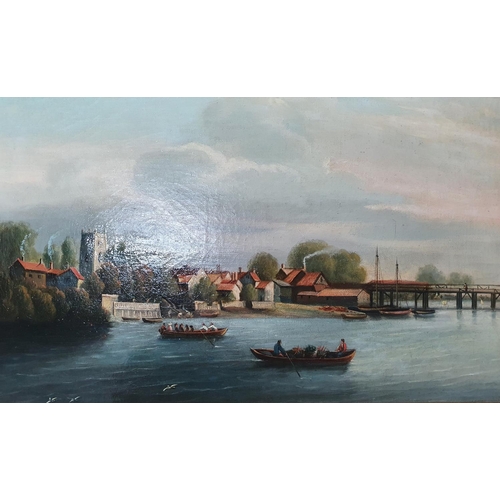 140 - Unsigned, circa1900 oil on canvas of Putney Bridge (original handwritten label verso), modern gilt f... 