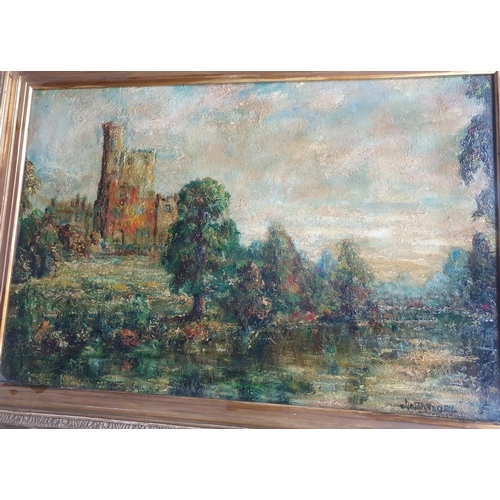 141 - J W Taylor c1910 impressionist oil on board depicting a ruined castle in a country landscape and is ... 