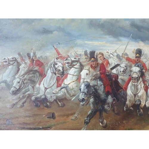 142 - Stunning large modern unsigned oil on canvas over print base depicting the Charge of the light briga... 