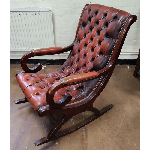 182 - Chesterfield style, button-backed, oxblood leather slipper rocking chair