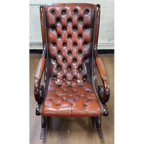 182 - Chesterfield style, button-backed, oxblood leather slipper rocking chair