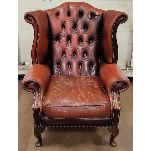 183 - Chesterfield style, button-back, oxblood leather wingback armchair