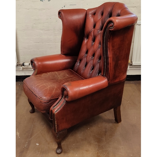 183 - Chesterfield style, button-back, oxblood leather wingback armchair