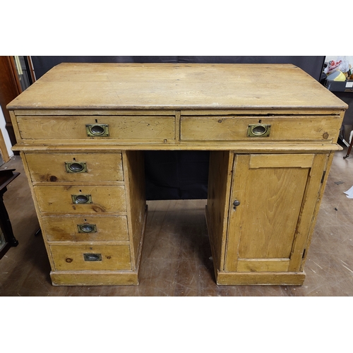 184 - Antique twin-pedestal Pine desk with brass handles