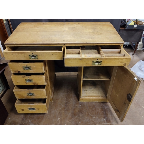 184 - Antique twin-pedestal Pine desk with brass handles