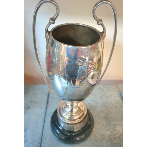 13 - Large 20thC silver trophy on wood plinth with silver winner banding,

The trophy weighs 660 grams, t... 