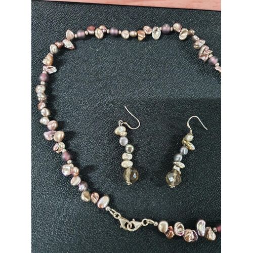 33 - 925 silver with coloured mother of pearl bead necklace with associated earrings