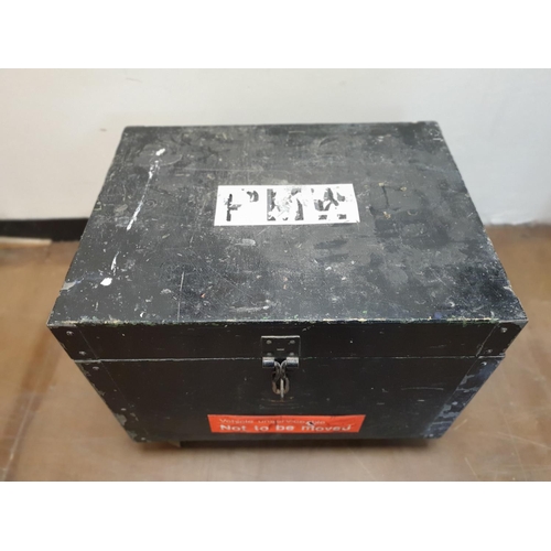 422 - Large, mid 2othC wooden strong box on wheels