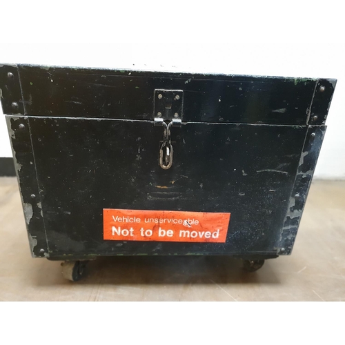 422 - Large, mid 2othC wooden strong box on wheels