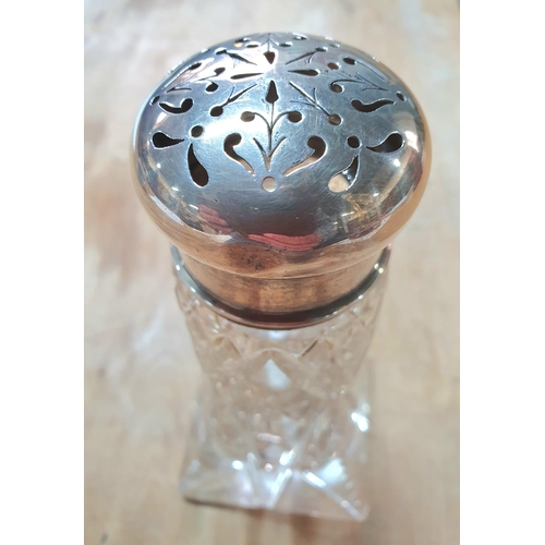 2 - Antique cut-glass sugar shaker with silver rim and silver top