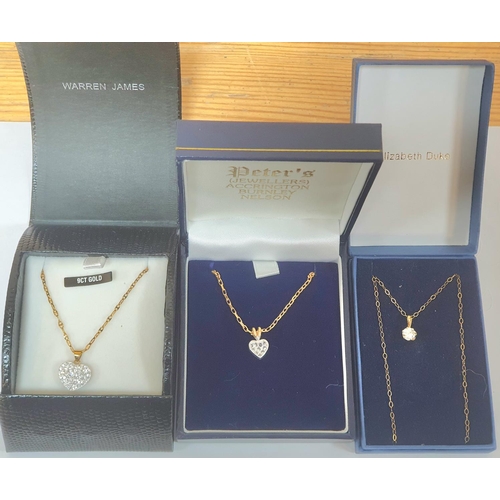 26 - 3 as new, never worn, 9ct fine gold chains with differing pendants (3)