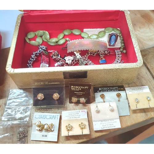 52 - Jewellery box and contents which include a small 9ct gold St Christopher charm, 9ct gold, metal core... 