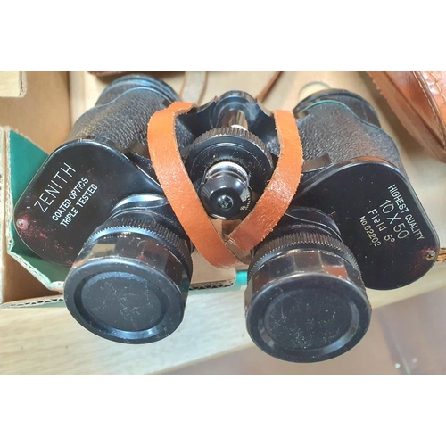 185 - A cased pair of 10 x 50 Zenith binoculars together with a vintage Finetar camera and two mid 20thC c... 