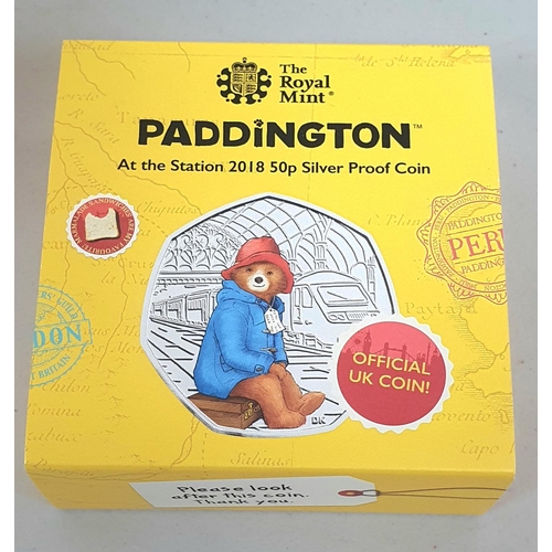 227 - 'Paddington at the Station' 2018 50p silver proof coin, with papers and box