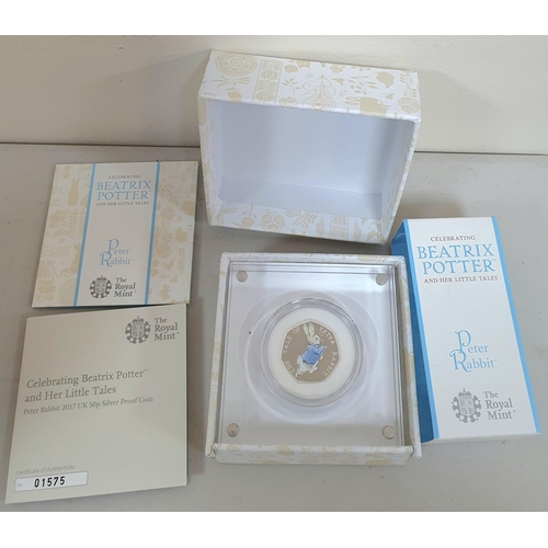 229 - Royal Mint Beatrix Potter 50p silver proof coin, Peter Rabbit, with papers & box