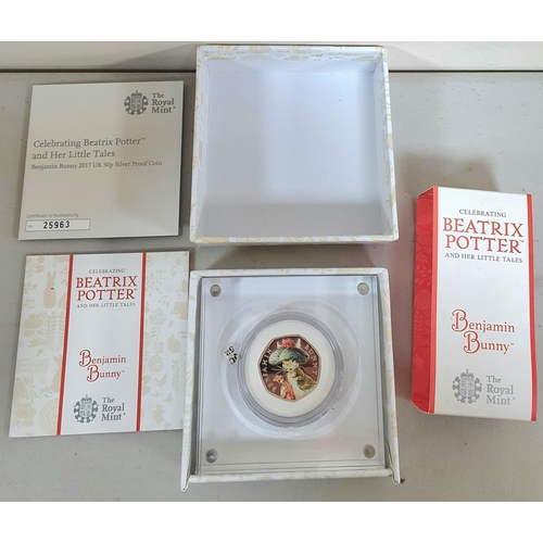 230 - Royal Mint Beatrix Potter 50p silver proof coin, Benjamin Bunny, with papers & box