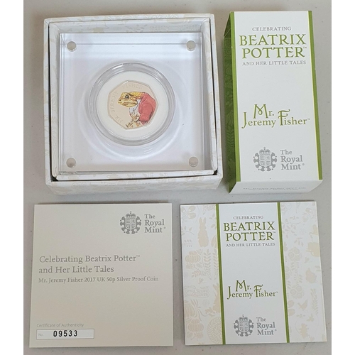 232 - Royal Mint Beatrix Potter 2017 50p silver proof coin, Mr Jeremy Fisher, with papers & box