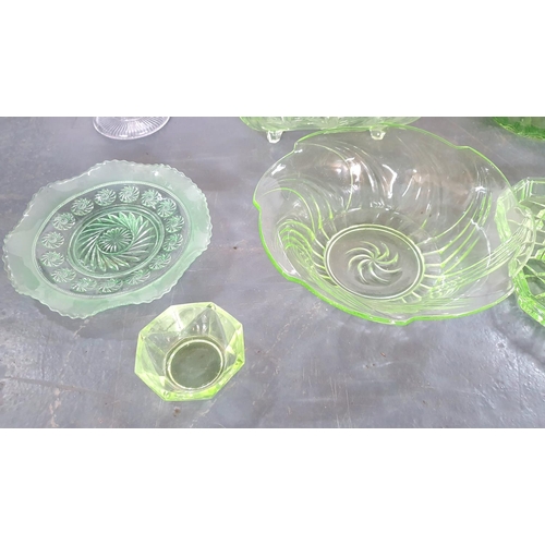 464 - Collection of Edwardian green coloured art glass together with a cut-glass cake stand (Qty)