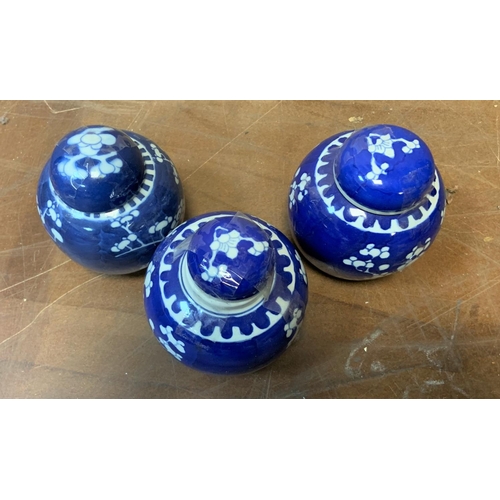 501 - 3 Blue and White Ginger Jars with Prunus decoration