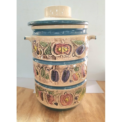 418 - Vintage 1970s Rumtopf of West Germany large lidded ceramic jar with fruit decoration