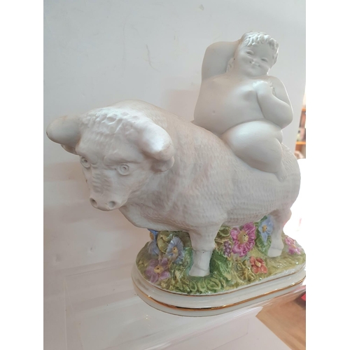 532 - Unglazed porcelain Bull ridden by naked voluptuous lady figurine, unmarked but in the manner of Fern... 