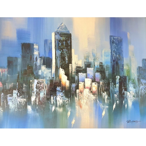 224 - Richardson, oil on canvas view of New York skyline in silvered frame,

The oil measures 51 x 61cm