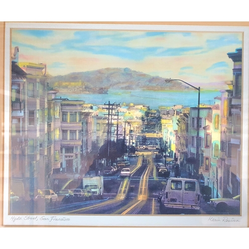 355 - Collection of pictures and prints to include a hand-coloured over-print view of San Fransisco street... 