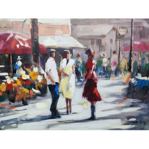 370 - Indistinctly signed, large pair of French street scene oils (2)