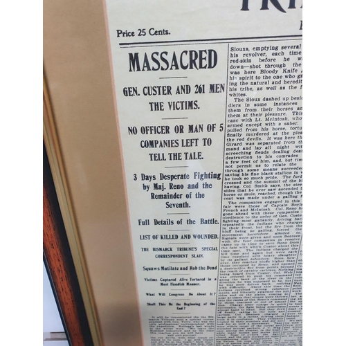 399 - Framed reproduction 1876 Tribune Extra newspaper account reporting the attack on General Custer at L... 