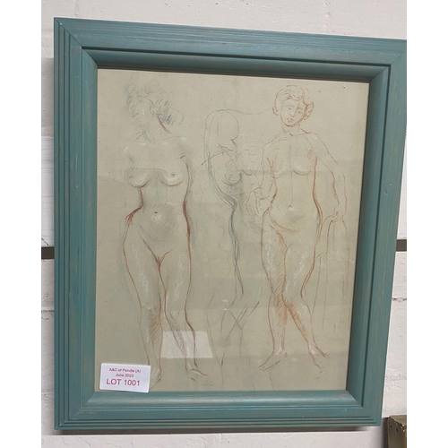 1001 - Unsigned crayon drawing, female nude sketches, framed