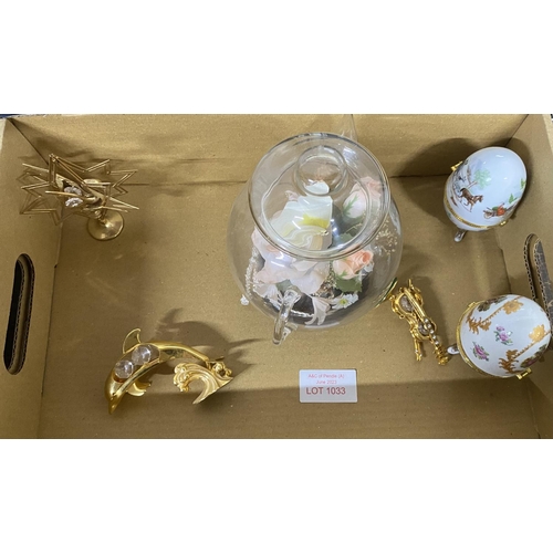 1033 - Various items including a decorative glass teapot with flowers inside.