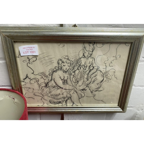 1051 - Unsigned framed pencil sketch of 2 young ladies