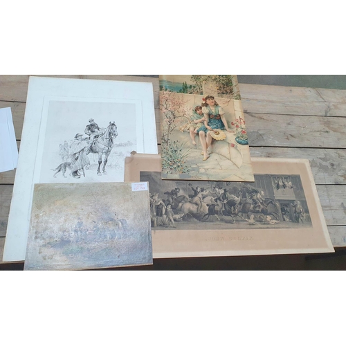 1122 - Four unframed antique prints including a good quality etching of a French cavalry officer on horseba... 