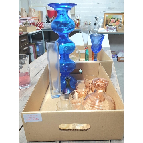 1145 - Tall blue glass, bulbus shaped candle holder together with other, good quality glassware (Qty)