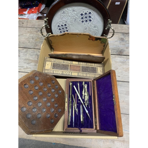 1188 - Box of wooden items including letter rack