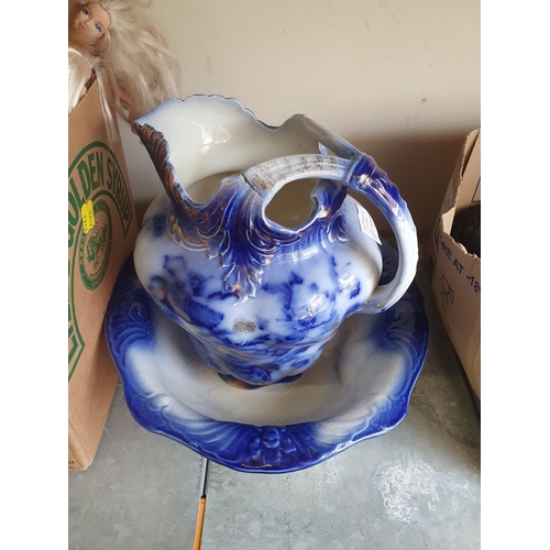 1210 - Antique ceramic blue jug and wash bowl