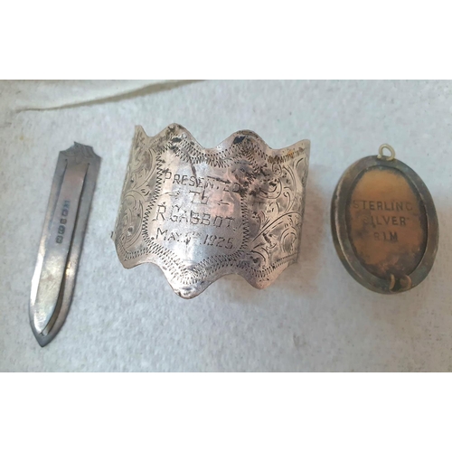 1446 - Birmingham silver book mark together with 2 old scrap pieces of silver including an engraved old lab... 