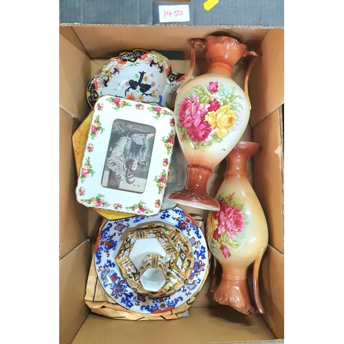 1450 - Box of quality ceramics including a pair of old 2-handled vases, Royal Albert photo frame etc (Qty)