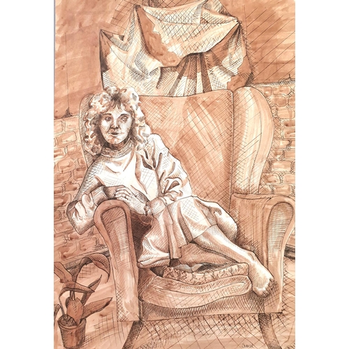 127 - Joseph SMEDLEY (1923-2016) watercolour wash and pen portrait of Sarah in an armchair, unsigned, unfr... 